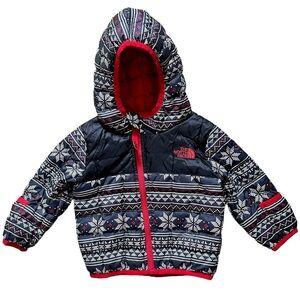 EUC North Face quilted black, white, & red fair isle hooded jacket. 6-12M.